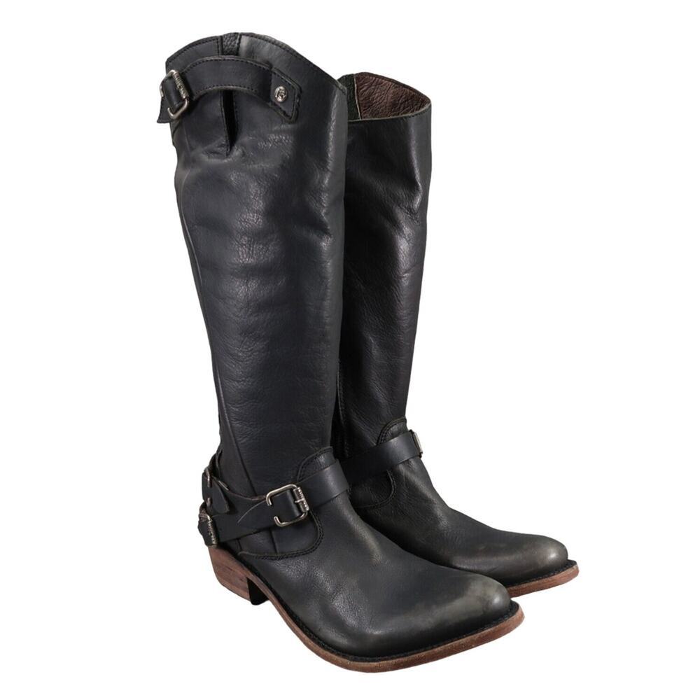 Liberty Black Boots Womens 9.5 Leather Western Riding Distressed Buckle Harness